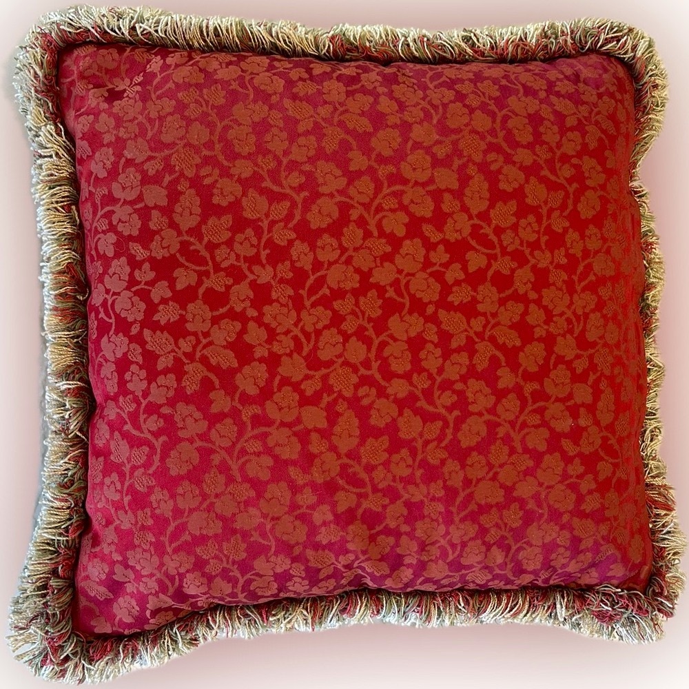 Accent Pillow Pair Dark Red 15” Square Custom Made w/Fringe & Down Inserts